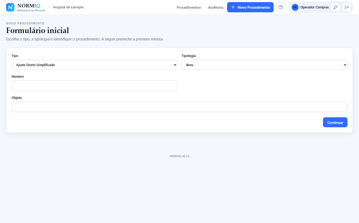 Formulário de novo procedimento com preço base, IVA e total calculados automaticamente
